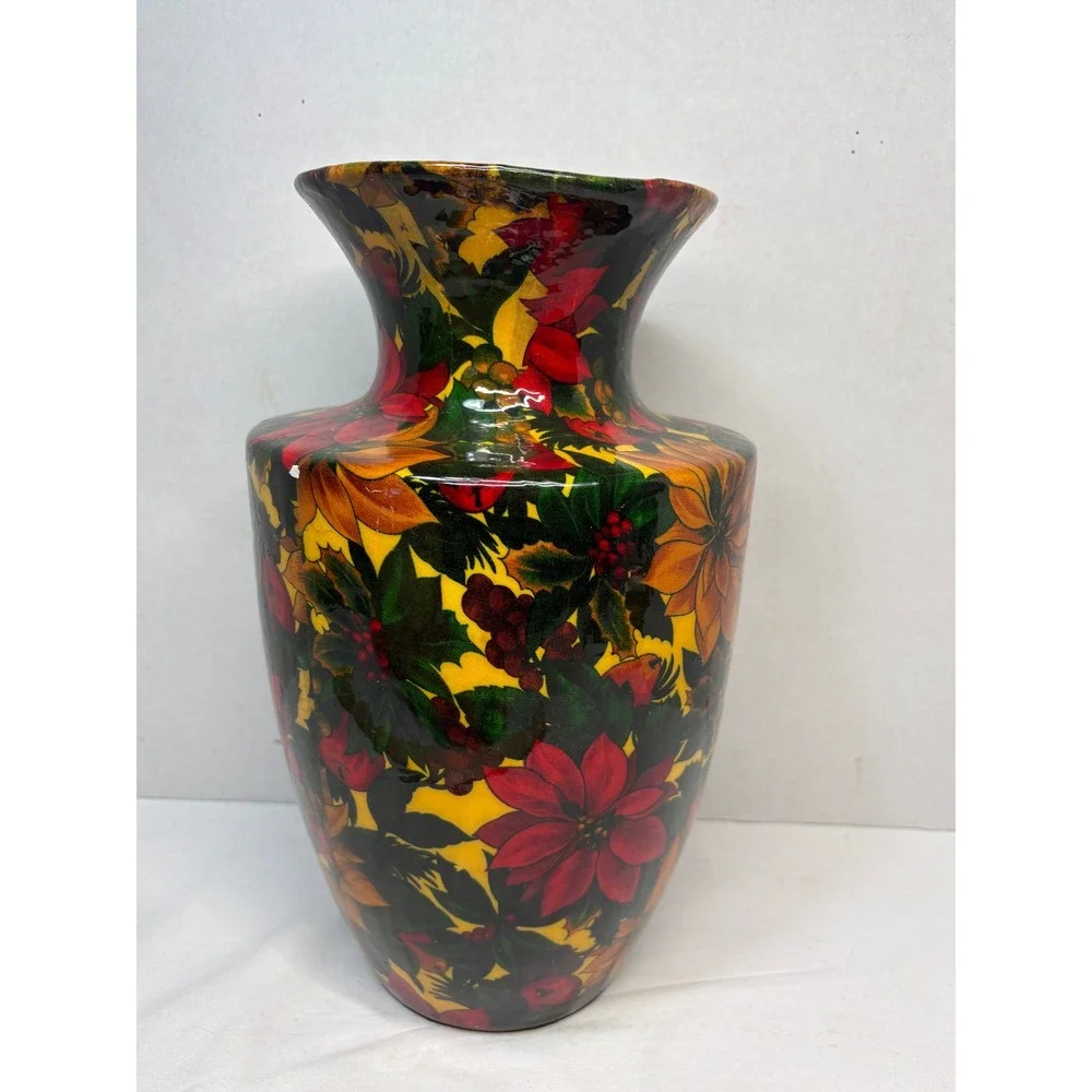 Poinsettia Floral Vase Multicolor Glossy Ceramic 12 Inch Christmas